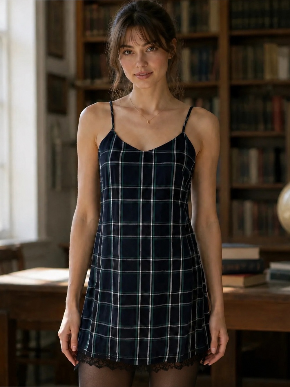 Y2K Arizona Women's Plaid Slip Dress Lace Trim Size M Dark Academia Goth